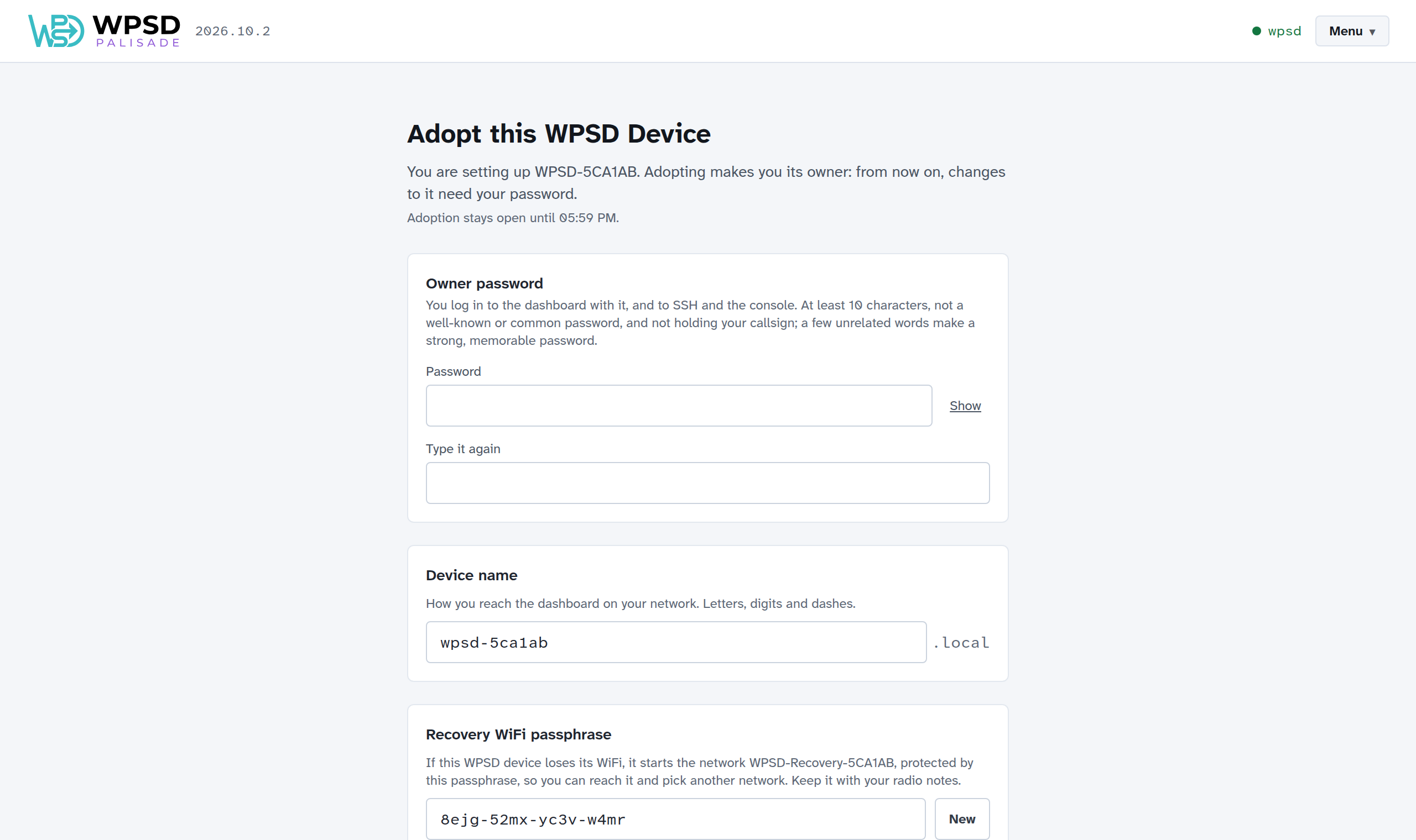 Adopt this WPSD Device for WPSD-5CA1AB, open until a given time: the owner password twice, the device name wpsd-5ca1ab followed by .local, the recovery Wi-Fi passphrase with New, and the Adopt button