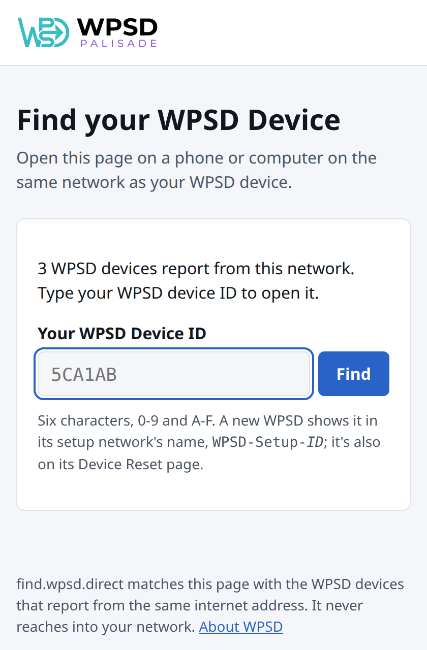 find.wpsd.direct saying 3 WPSDs report from this network, with a box for your WPSD's ID and a Find button