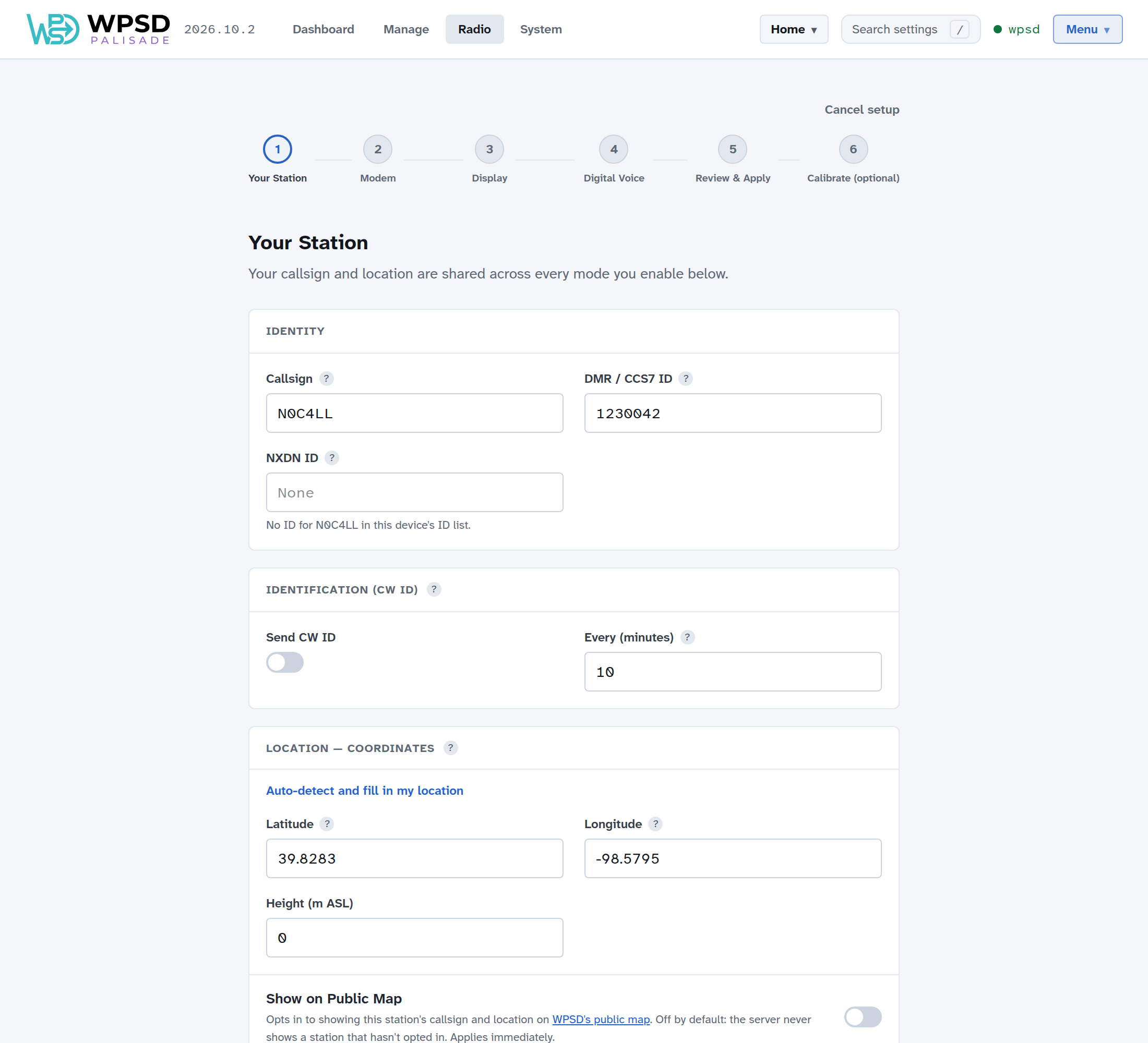 Guided Setup's first step, Your Station, with the six steps across the top and the Identity and Identification sections