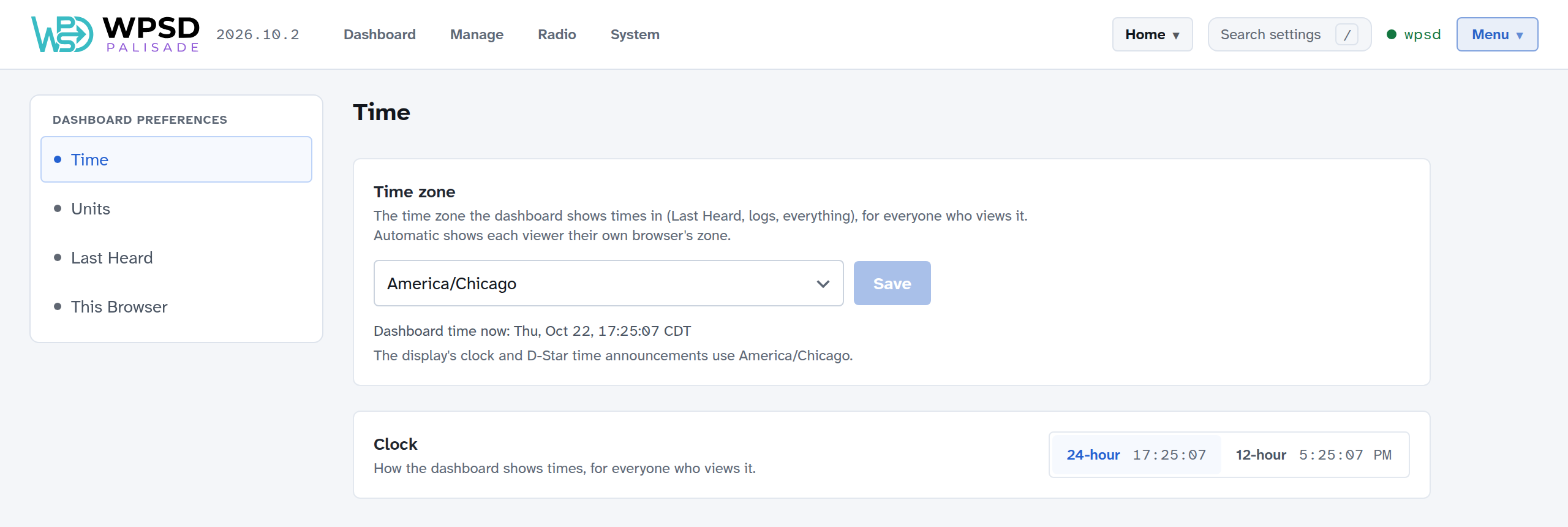 The Time page with the Time zone list set to America/Chicago, a Save button, the dashboard's time now, and the Clock choice of 24-hour or 12-hour