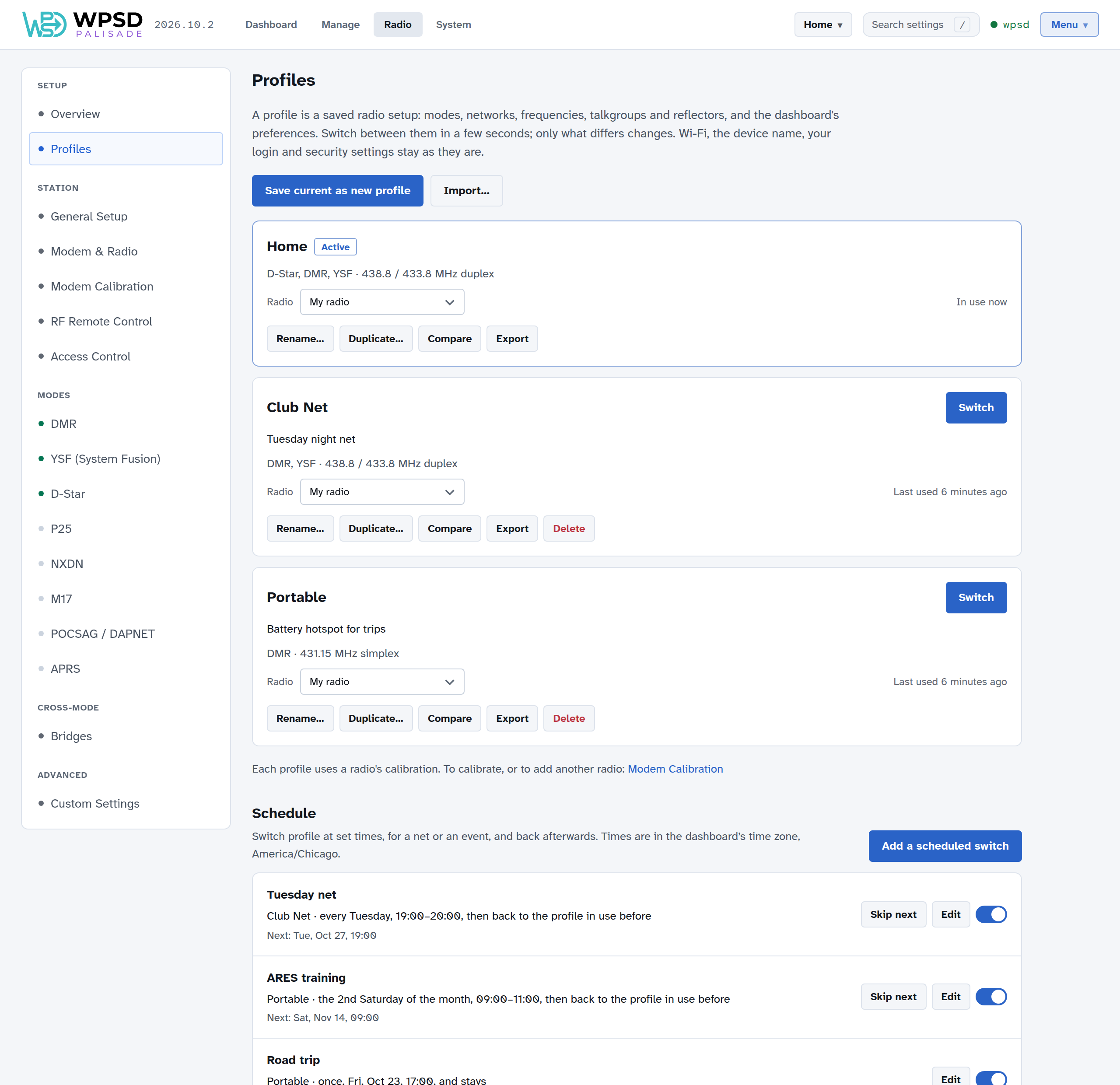 Radio > Profiles with three profiles: Home (active), Club Net and Portable, each with a summary line, its radio, and buttons; the Schedule section below