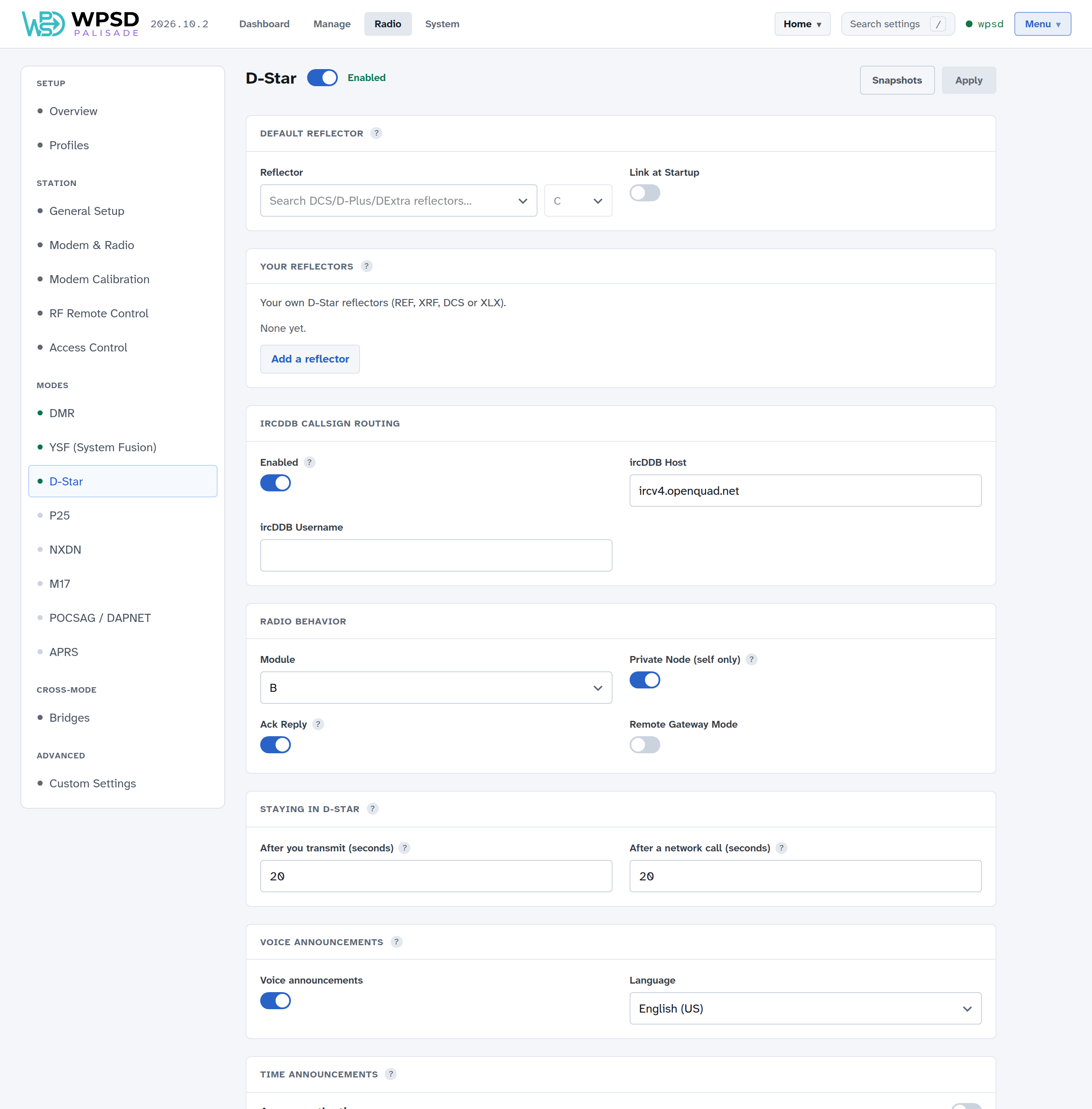 Radio > D-Star: the default reflector, your own reflectors, ircDDB callsign routing, radio behavior, staying in D-Star, voice and time announcements
