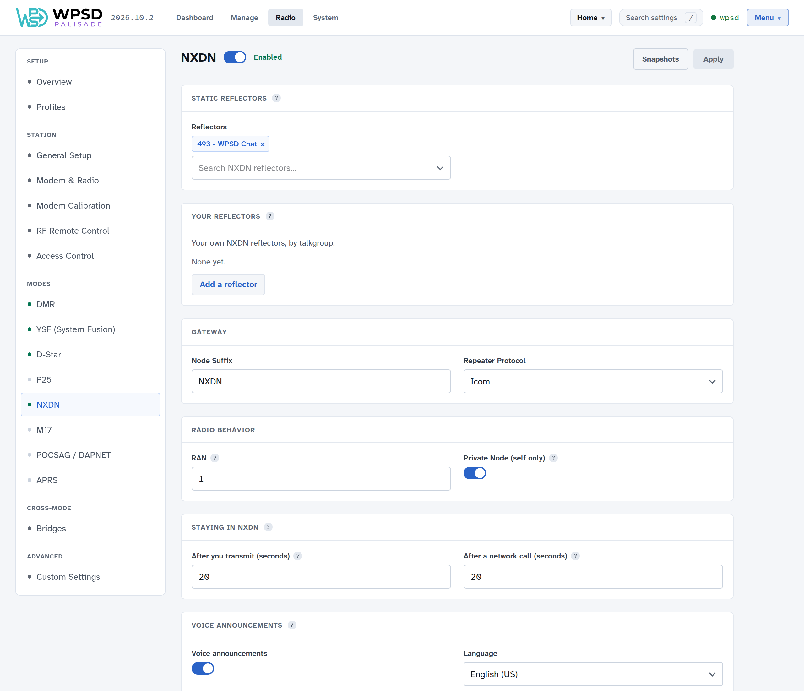 Radio > NXDN: static reflectors, your own reflectors, gateway settings, RAN and Private Node, staying in NXDN, voice announcements and APRS