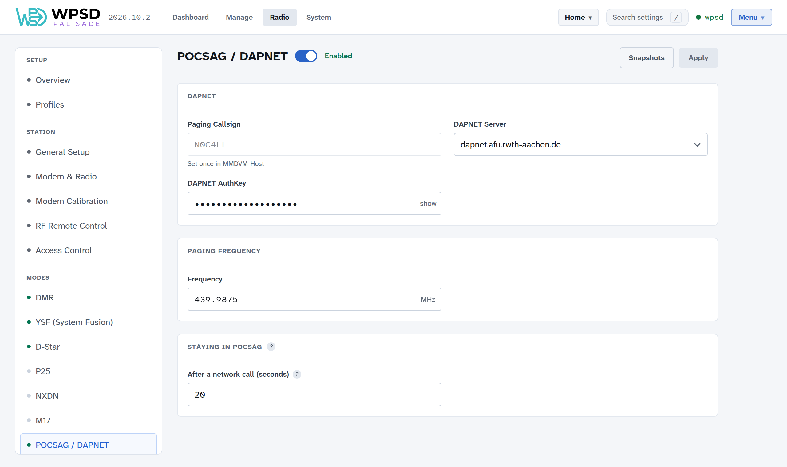 Radio > POCSAG / DAPNET with the DAPNET section (paging callsign, server and AuthKey), the paging frequency, and staying in POCSAG