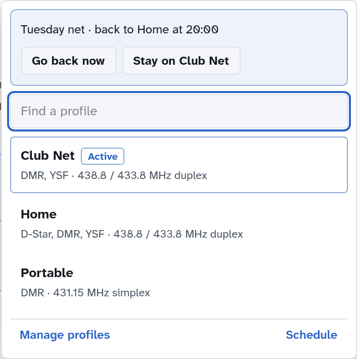 The profile menu during a scheduled switch, with Club Net active and a box reading Tuesday net, back to Home at 20:00, with Go back now and Stay on Club Net