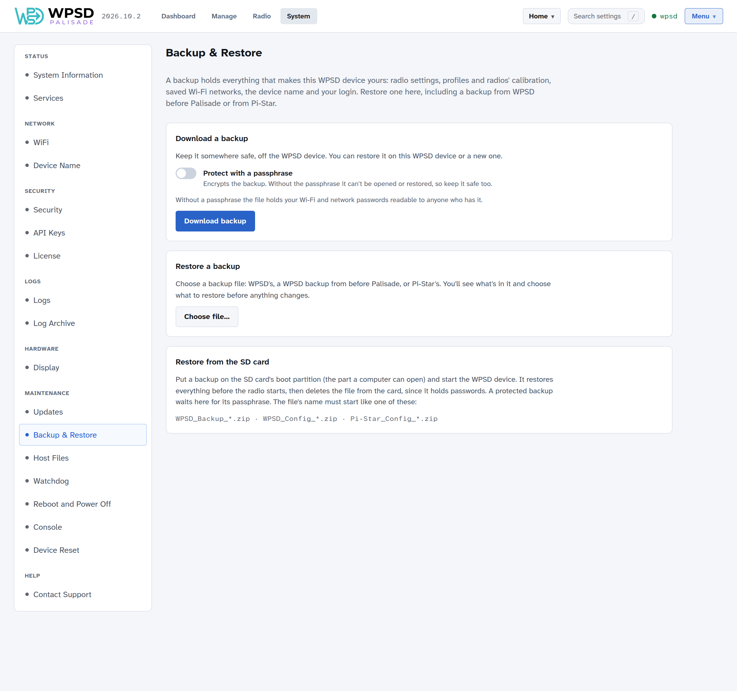 System > Backup & Restore with three cards: Download a backup with the Protect with a passphrase switch, Restore a backup with Choose file, and Restore from the SD card with the file names it accepts