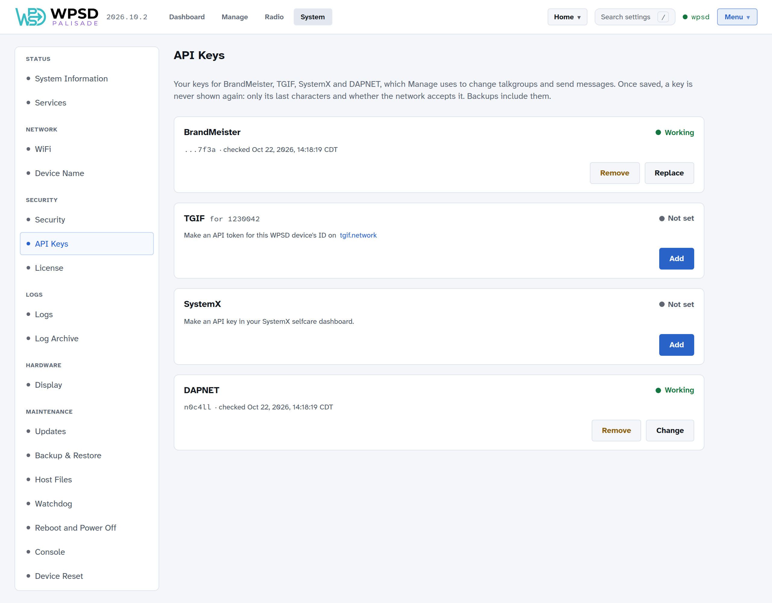 System > API Keys: BrandMeister's key and DAPNET's login set and working, TGIF and SystemX not set, each with how to get one