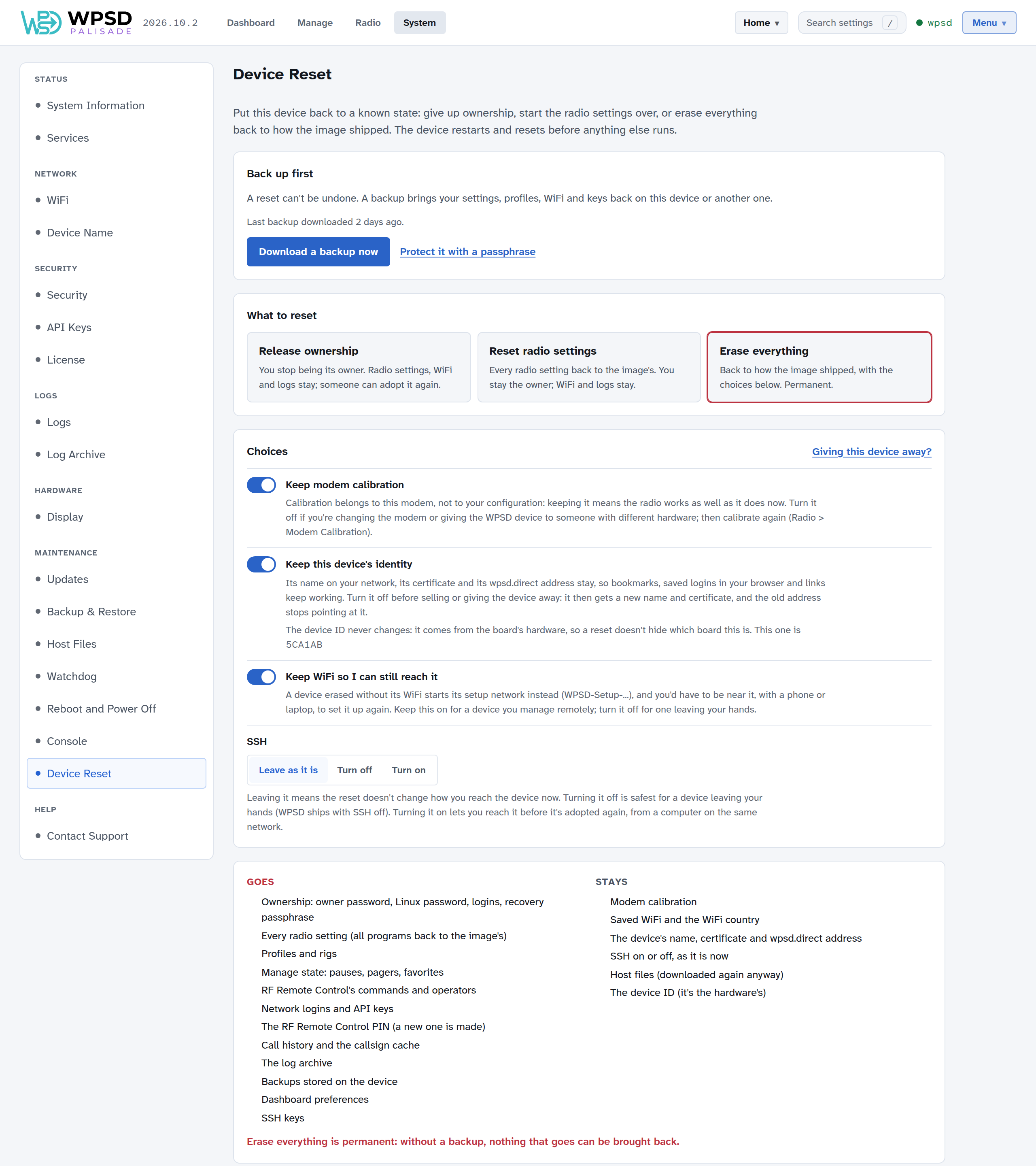 System > Device Reset with Erase everything chosen: Back up first, the three levels, the choices (keep calibration, identity and Wi-Fi; SSH left as it is), and the lists of what goes and what stays
