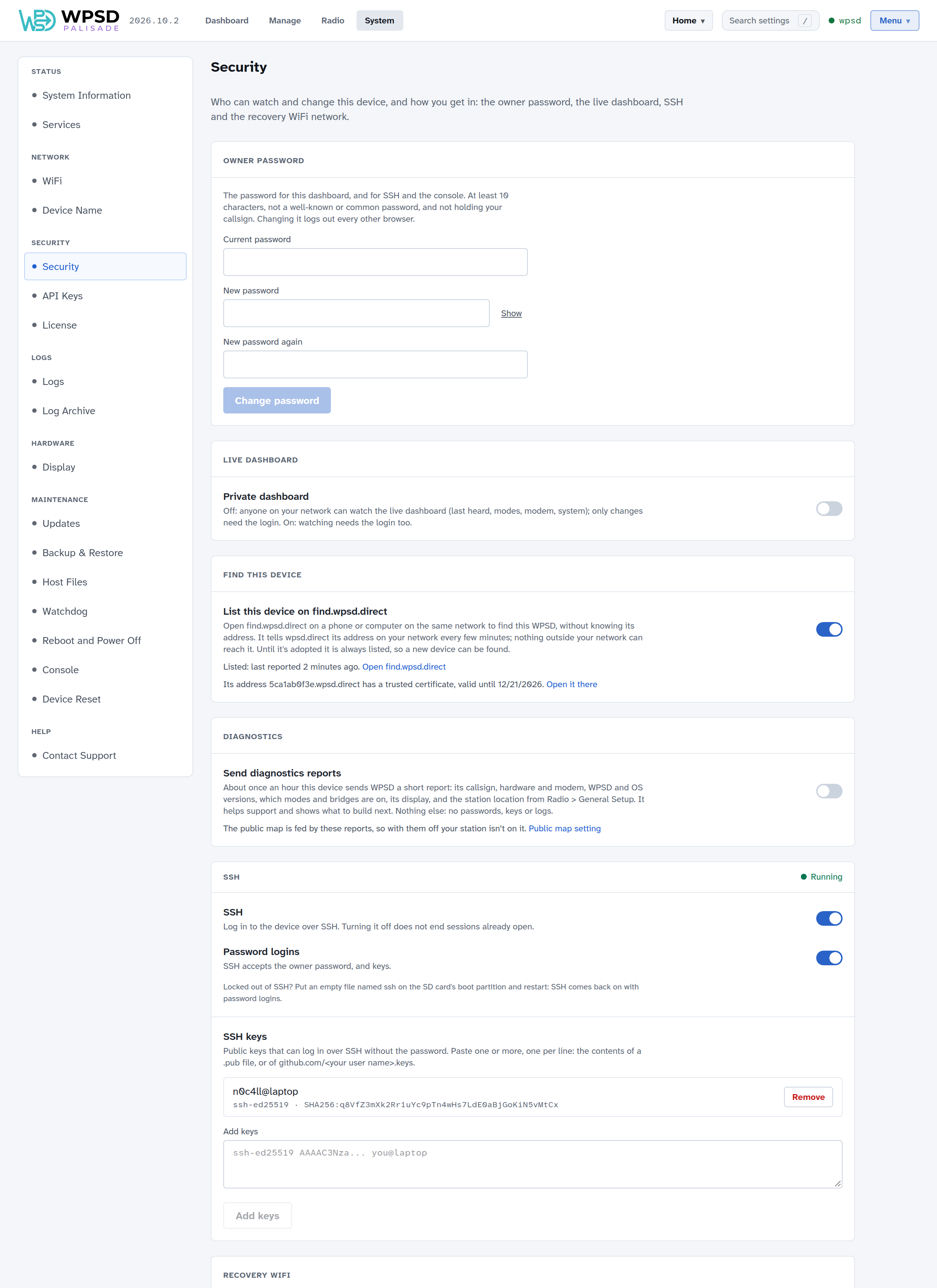System > Security: the owner password form, the Private dashboard switch, the find.wpsd.direct listing (on, last reported 2 minutes ago, with a trusted certificate for its wpsd.direct address), SSH running with password logins on and one SSH key, and the recovery WiFi network