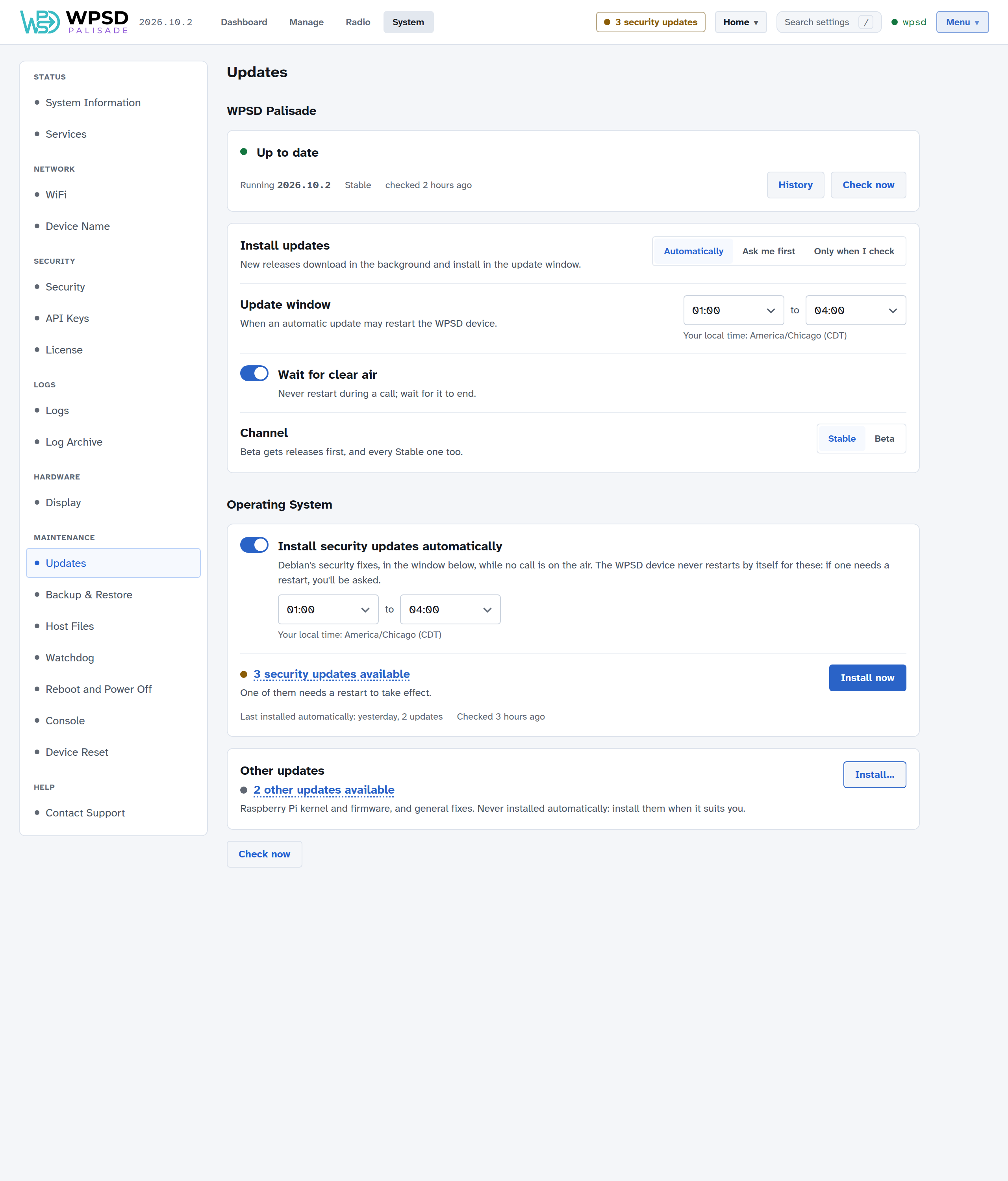 System > Updates: the WPSD Palisade section up to date on 2026.10.2 (Stable), with its settings, above the Operating System section with 3 security updates available