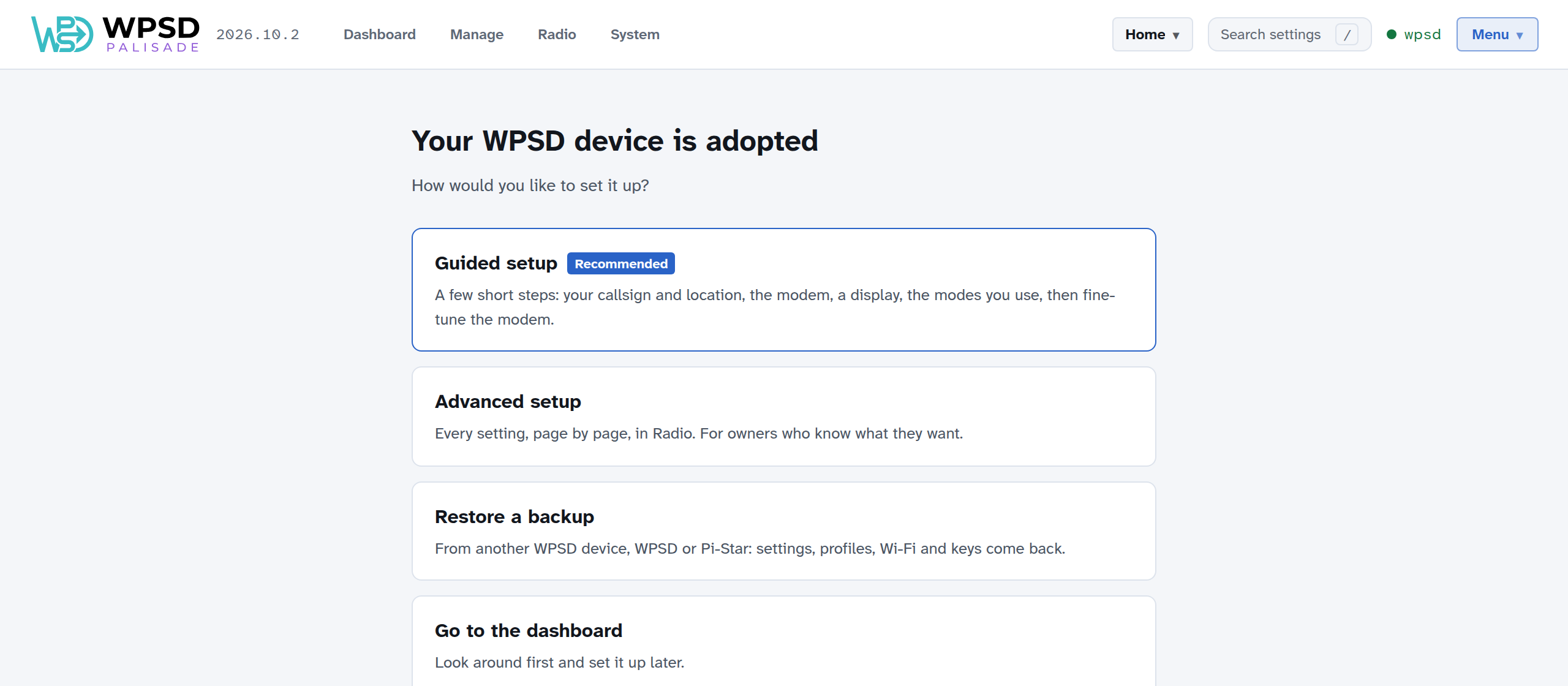 Your WPSD device is adopted: Guided setup (recommended), Advanced setup, Restore a backup, and Go to the dashboard, with a link to Device Reset
