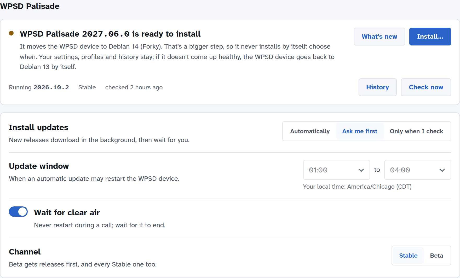 WPSD Palisade 2027.06.0 is ready to install: it moves the WPSD device to Debian 14 (Forky); it never installs by itself