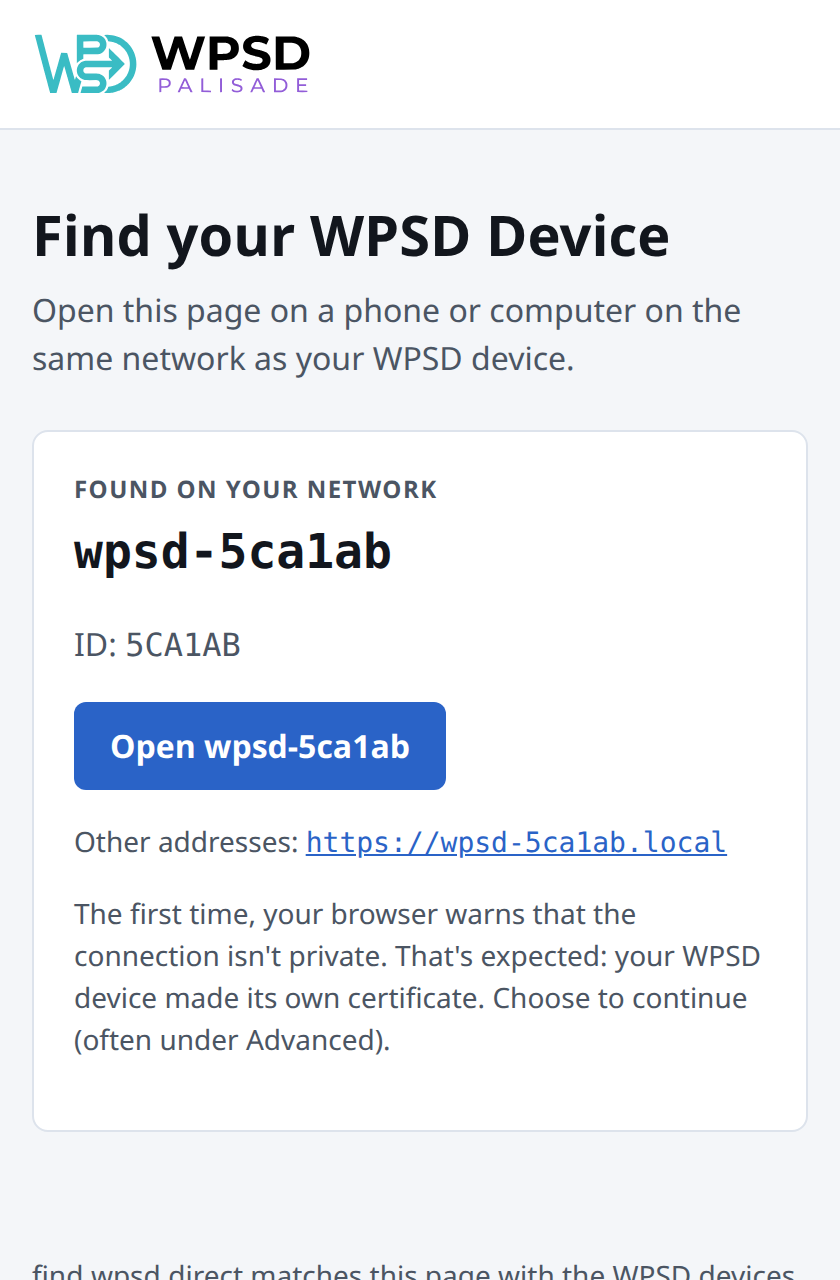 find.wpsd.direct on a phone: found on your network, wpsd-5ca1ab with ID 5CA1AB, an Open wpsd-5ca1ab button, and its .local address