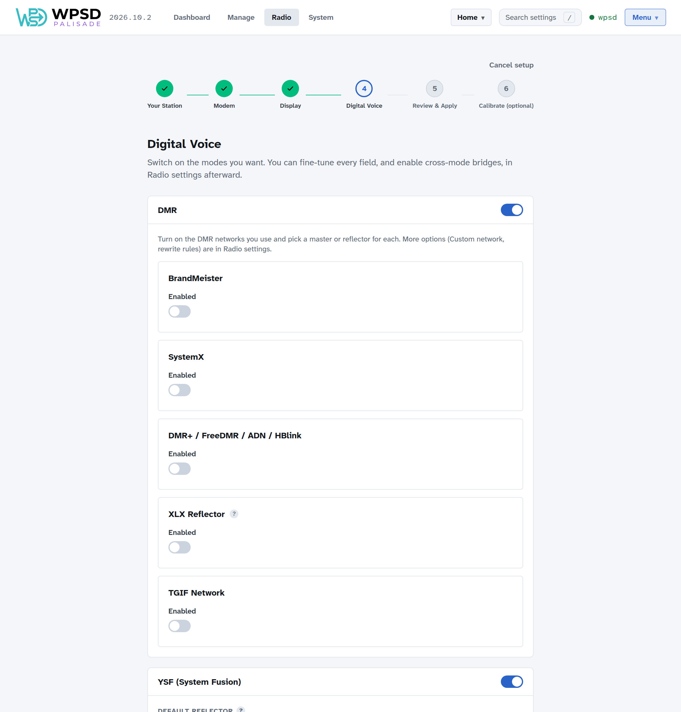 The Digital Voice step with DMR on, BrandMeister enabled and its master, PIN and ESSID fields