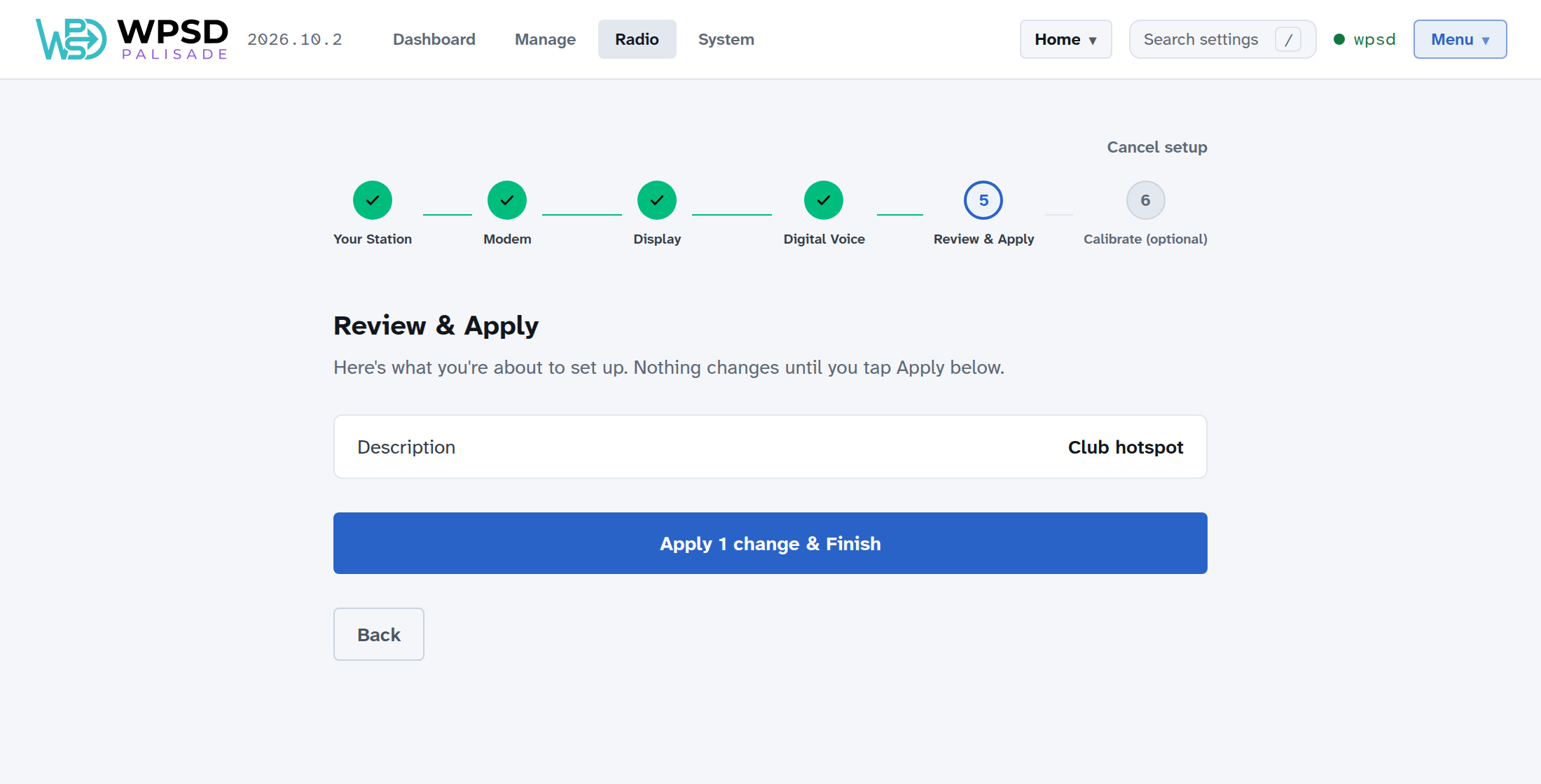 Review & Apply listing one change, the station's description, with the Apply button