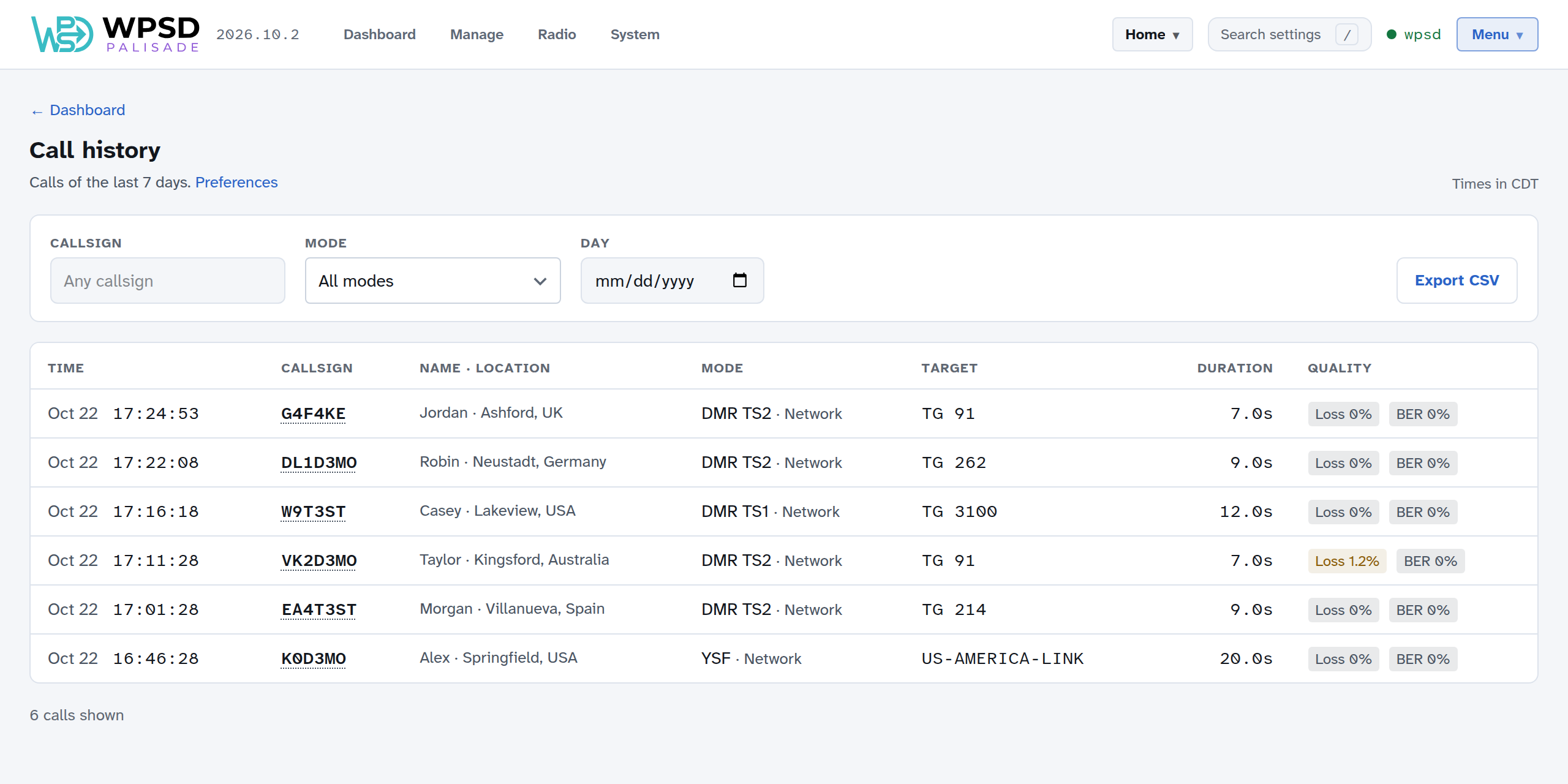 The Call history page with callsign, mode and day filters, an Export CSV button, and a table of calls