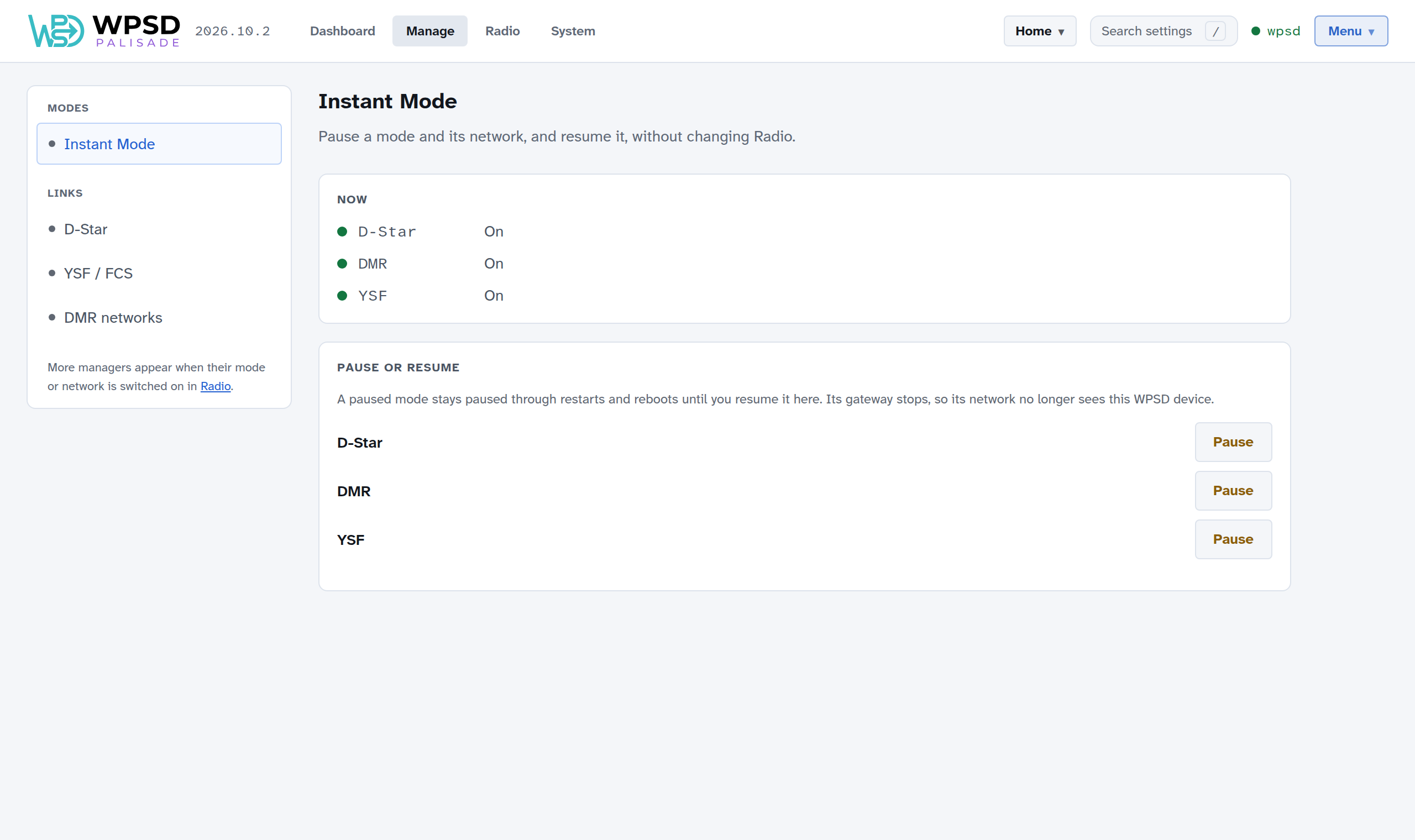 Instant Mode listing D-Star, DMR and YSF as On, each with a Pause button