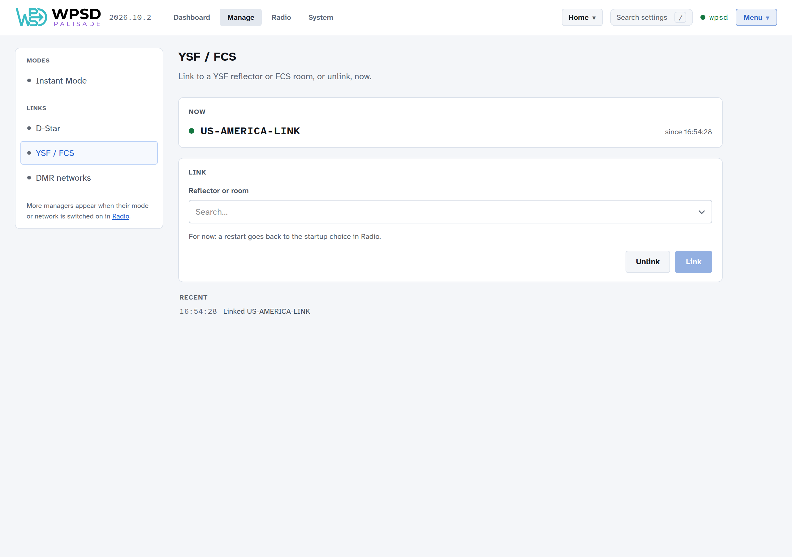 The YSF / FCS manager: Now linked to US-AMERICA-LINK, a reflector or room picker with Link and Unlink, and the recent actions