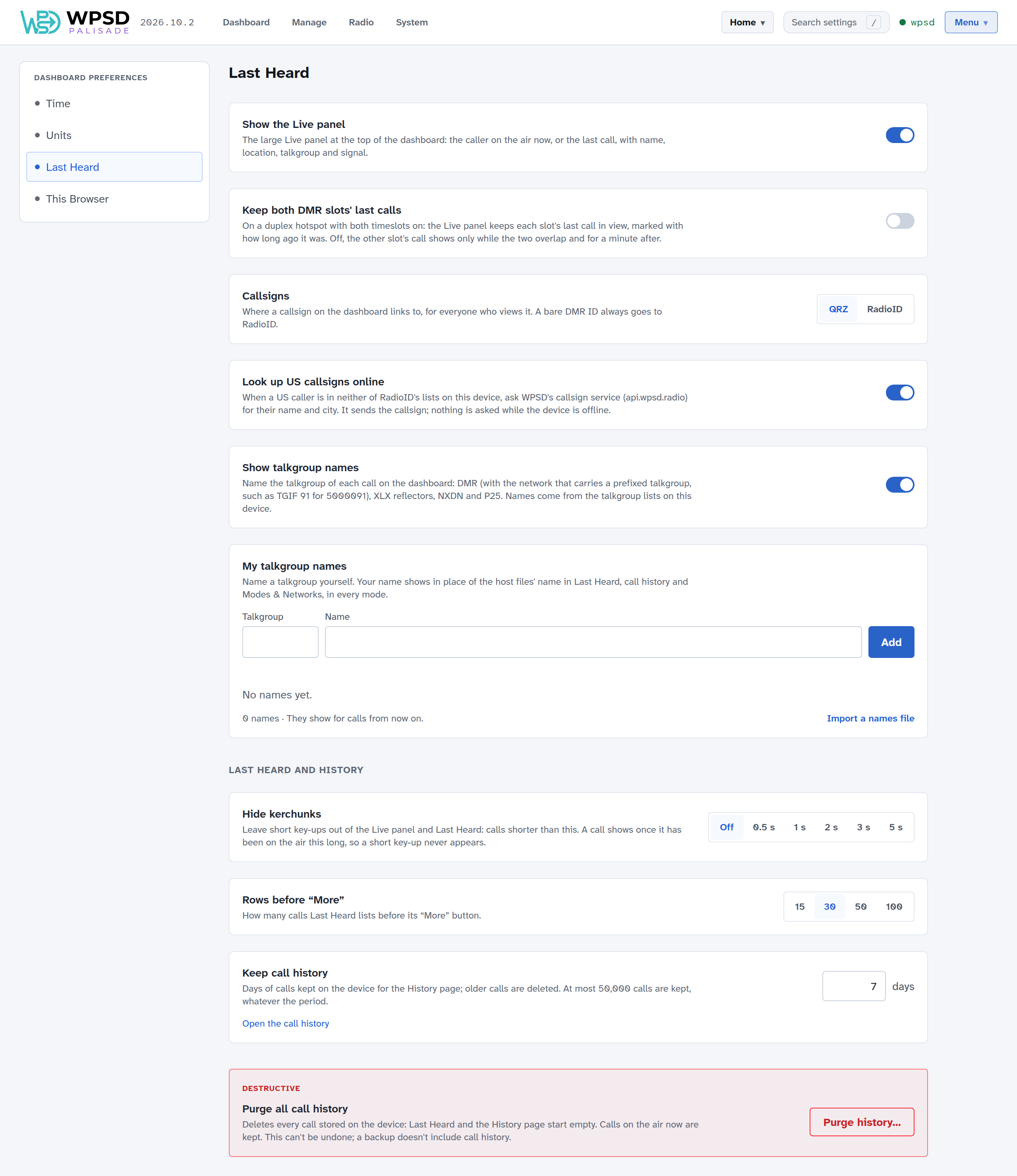 The Last Heard page with switches for the Live panel, both DMR slots, online callsign lookups and talkgroup names; the callsign link choice; My talkgroup names; and Hide kerchunks, rows, call history days and Purge all call history