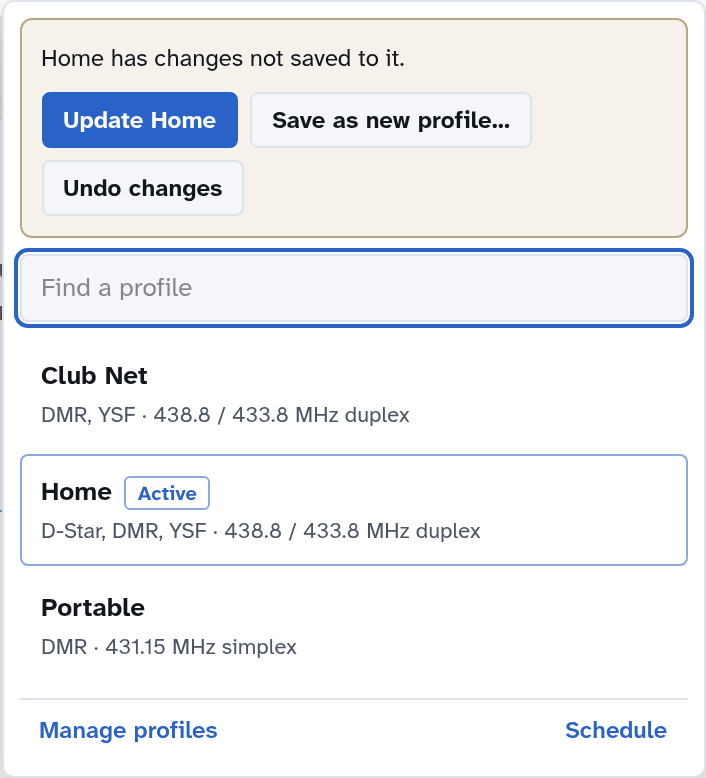The profile menu with a box saying Home has changes not saved to it, with the buttons Update Home, Save as new profile and Undo changes
