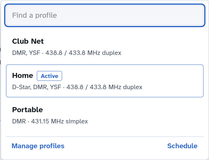 The profile menu open from the top bar: a search box and the three profiles with their summaries, Home marked Active, and Manage profiles and Schedule links