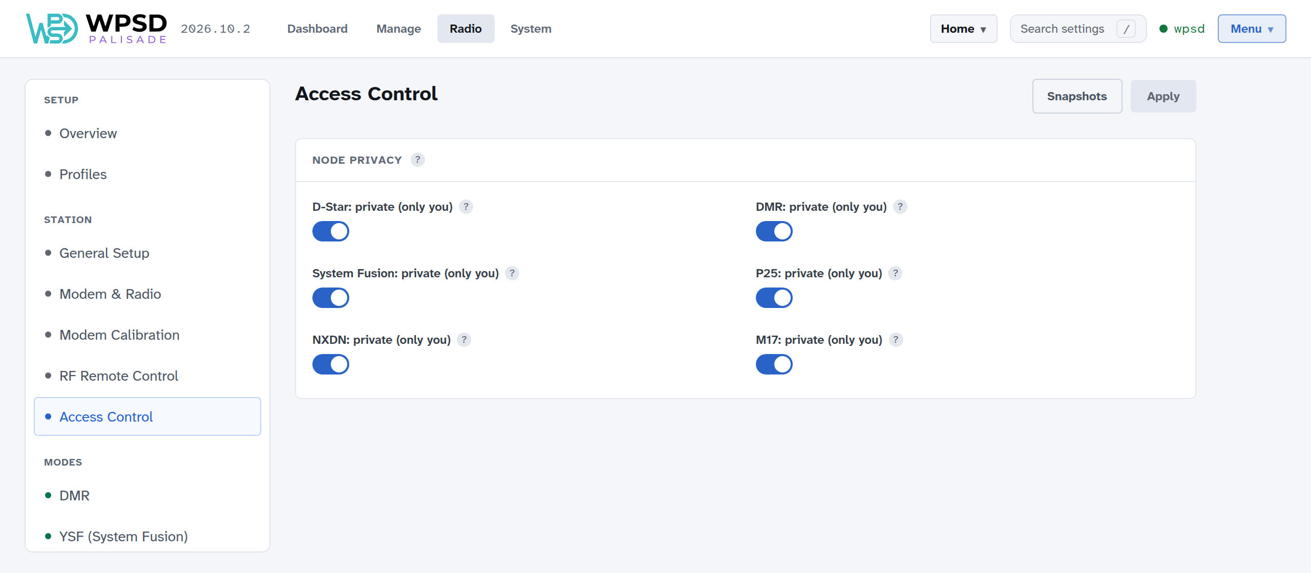 Radio > Access Control: Node Privacy, with D-Star, DMR, System Fusion, P25, NXDN and M17 each set to private (only you)