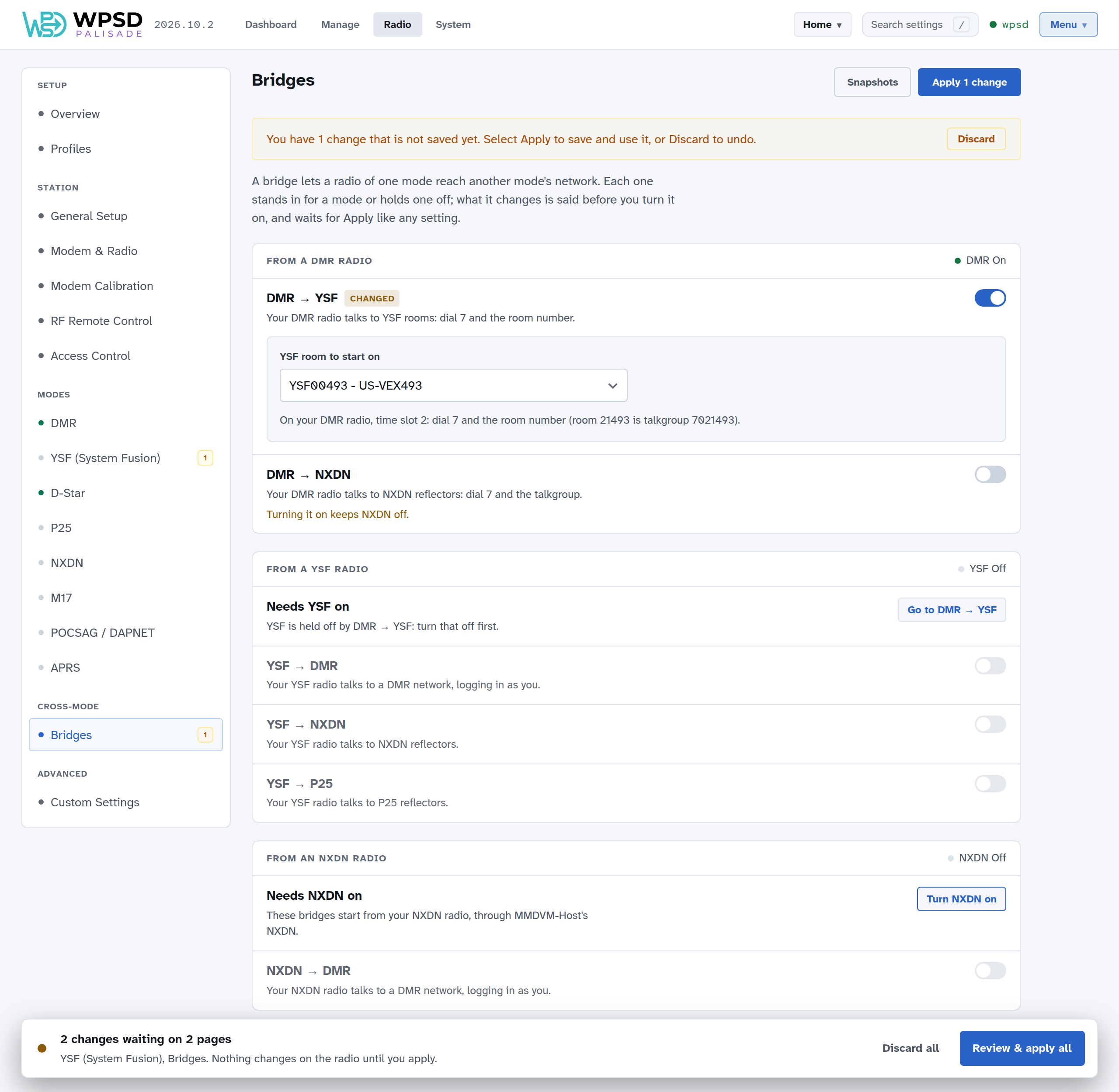 Radio > Bridges: From a DMR radio with DMR → YSF on and its YSF room picker open; From a YSF radio saying it needs YSF on, held off by DMR → YSF; From an NXDN radio
