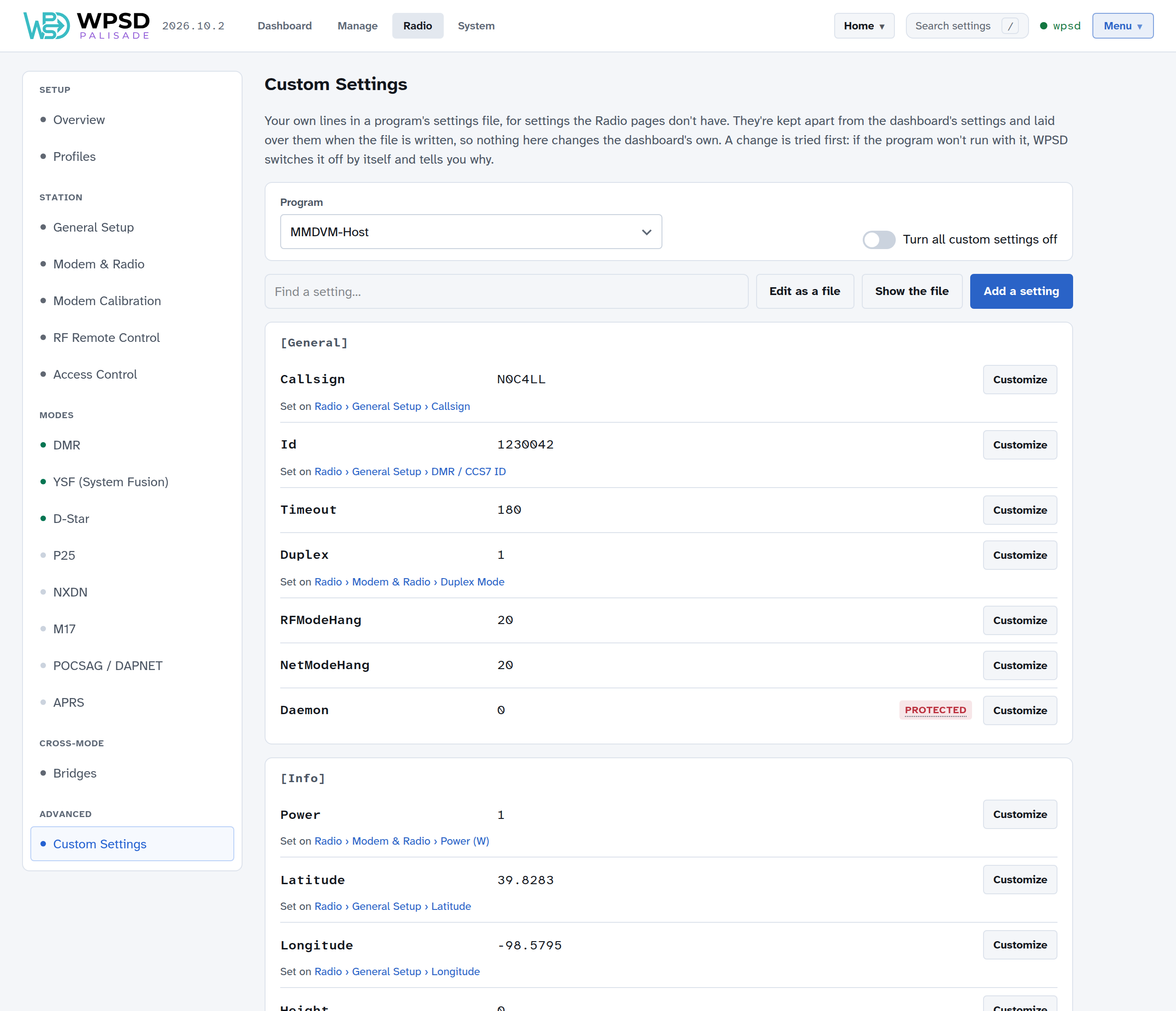 Radio > Custom Settings for MMDVM-Host: the program, the switch to turn all custom settings off, Find a setting, Edit as a file, Show the file and Add a setting, then the file's settings by section, each with Customize, and where the dashboard sets it