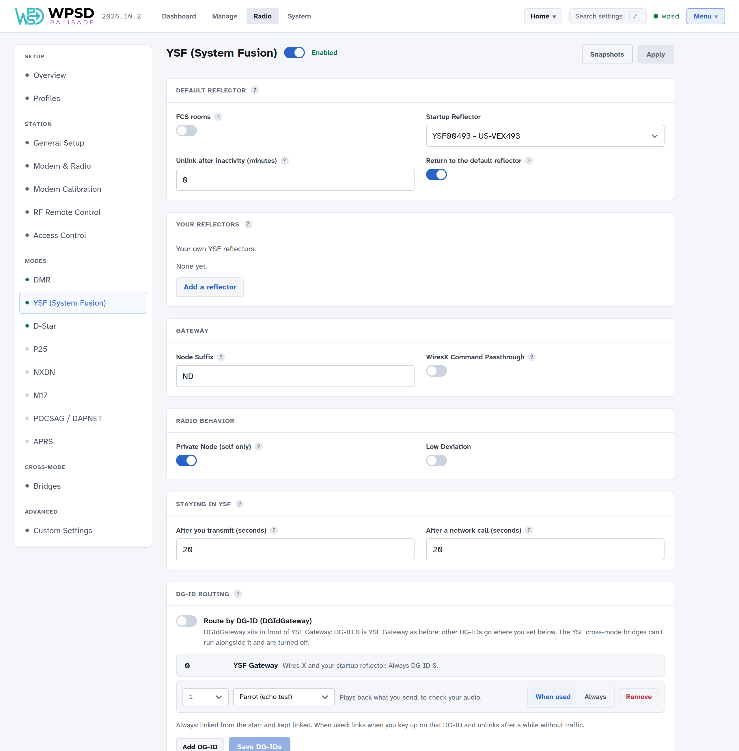 Radio > YSF (System Fusion): the default reflector US-VEX493, your own reflectors, gateway settings, radio behavior, staying in YSF, and DG-ID routing