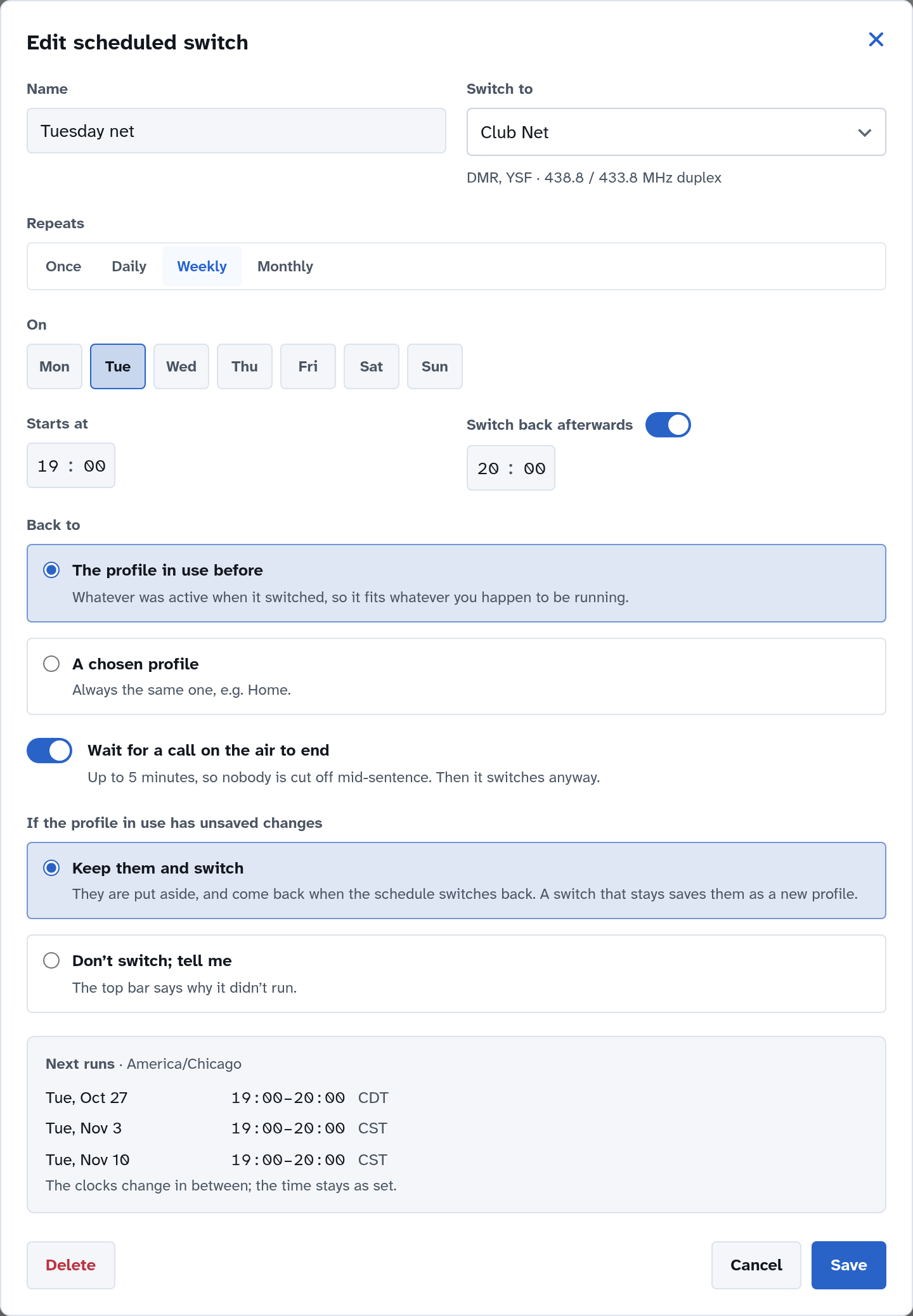 The scheduled switch editor: name, the profile to switch to, Repeats (once, daily, weekly, monthly), the days, start and end times, Back to, Wait for a call on the air to end, what to do with unsaved changes, and the next three runs