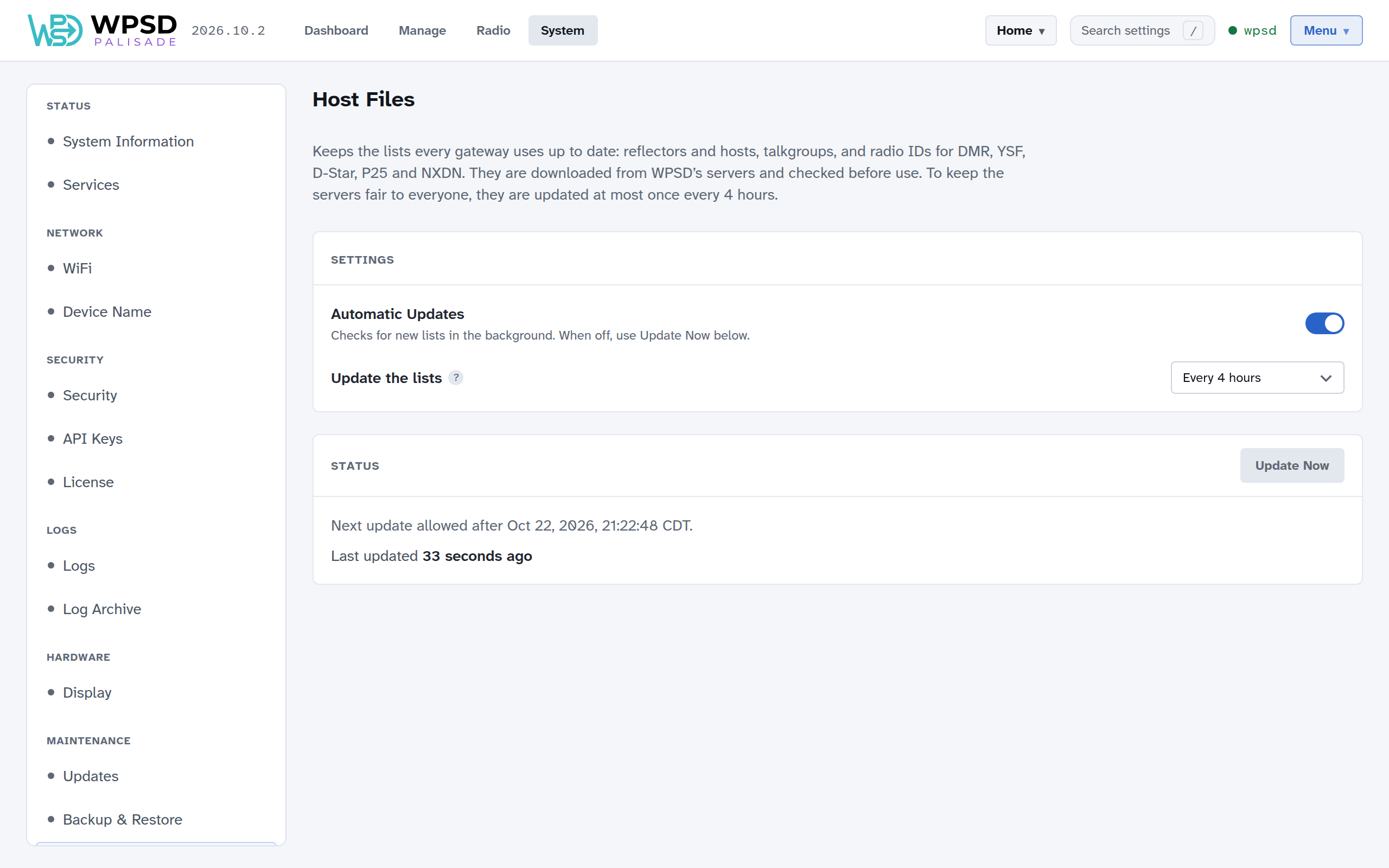 System > Host Files: Automatic Updates on, Update the lists every 4 hours, and the status, last updated 42 minutes ago with the time the next update is allowed