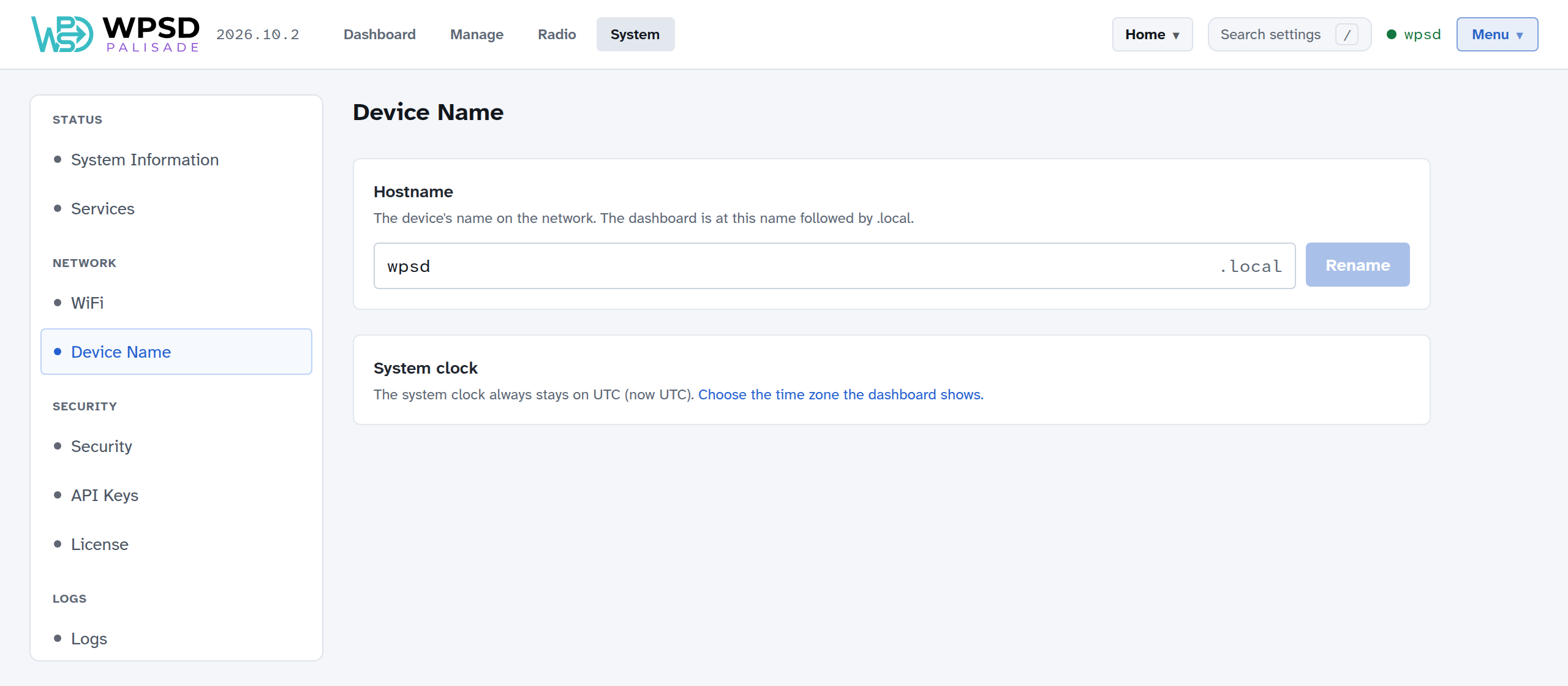 System > Device Name: the hostname wpsd, followed by .local, with Rename; and a note that the system clock stays on UTC