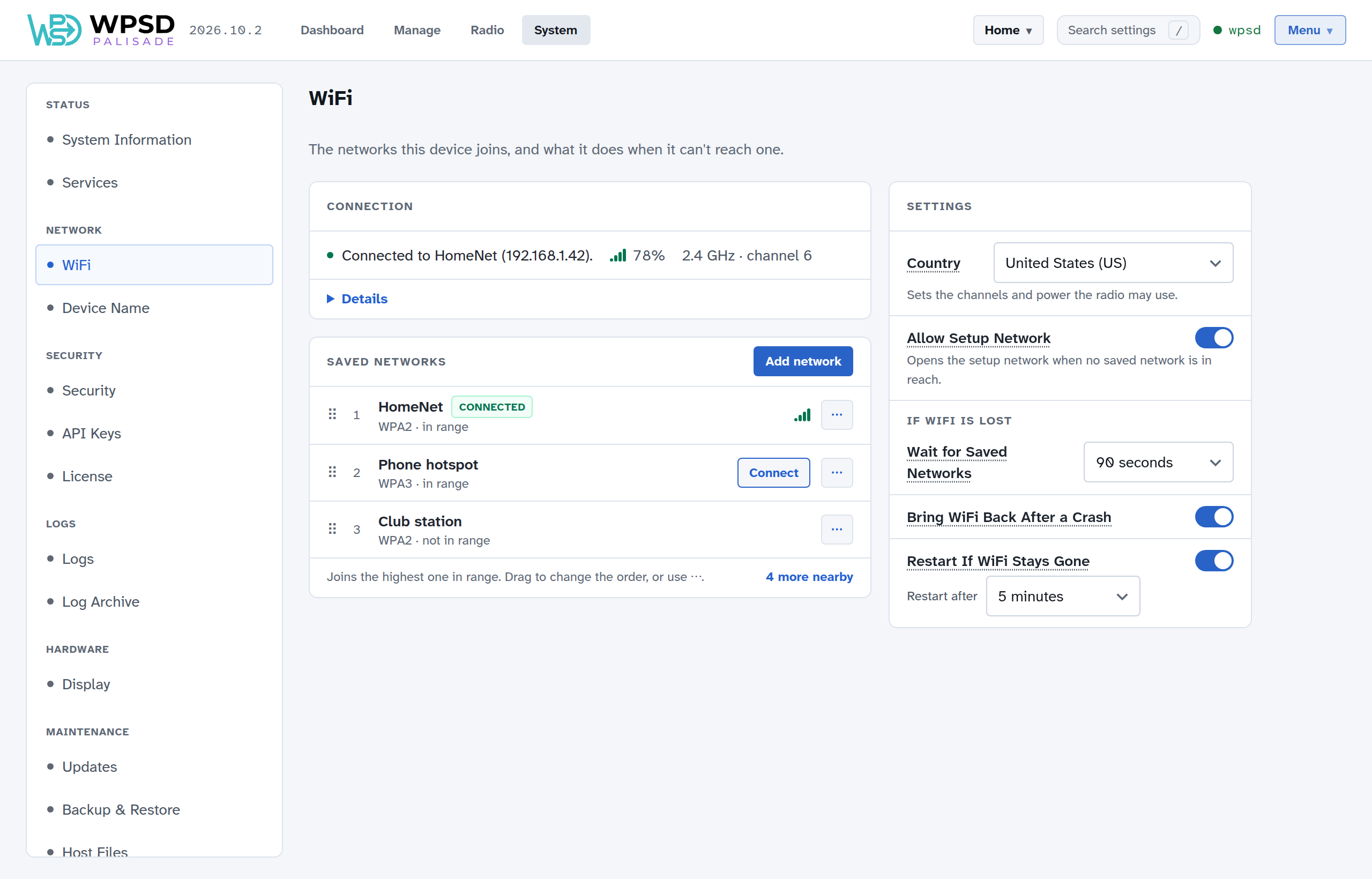 System > WiFi: the connection to HomeNet on one line with Details; saved networks HomeNet, Phone hotspot and Club station with Connect and a menu on each, and Add network; and the settings beside them: country, the setup network, and what to do if Wi-Fi is lost