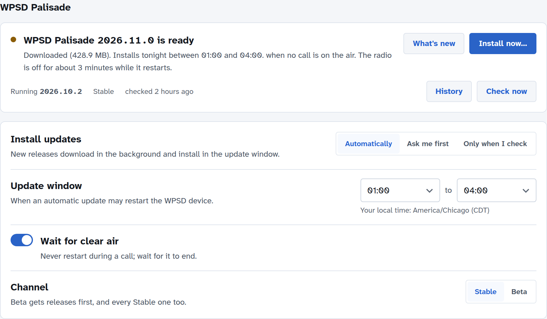 WPSD Palisade 2026.11.0 is ready: downloaded (428.9 MB), installs tonight between 1:00 and 4:00 when no call is on the air; What's new and Install now… buttons