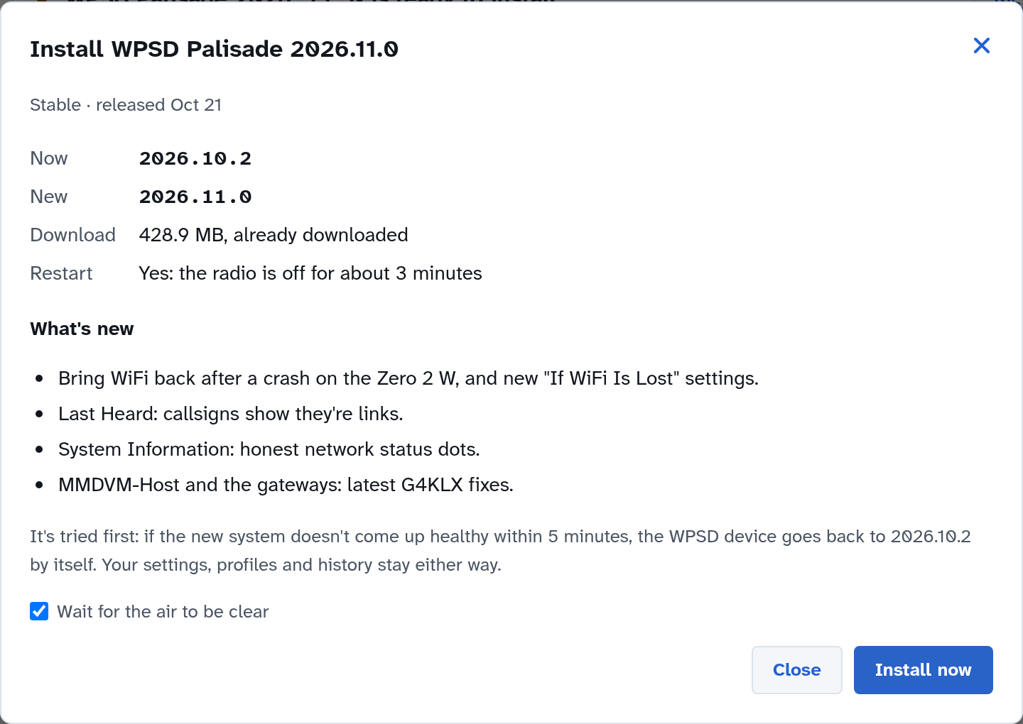 Install WPSD Palisade 2026.11.0, Stable, released Oct 18: Now 2026.10.2, New 2026.11.0, Download 428.9 MB already downloaded, Restart yes, What's new, and Install now